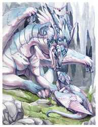  blue_body blue_eyes blue_feathers canid canine canis crouching dragon duo feathered_wings feathers female feral good_parenting hibbary hybrid lolicon lying mammal mother_(lore) mythological_creature mythological_scalie mythology nude on_front painting_(artwork) parent_(lore) parenting quadruped scalie size_difference tail traditional_media_(artwork) watercolor_(artwork) wings wolf young 