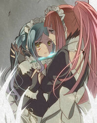  2girls against_wall blood blood_on_face blue_hair commentary_request dagger felicia_(fire_emblem) fire_emblem fire_emblem_fates flora_(fire_emblem) hand_on_another&#039;s_hand injury jewelry knife maid maid_headdress multiple_girls pink_hair ponytail rojiura-cat shadow siblings sidelocks sisters smile weapon yellow_eyes 