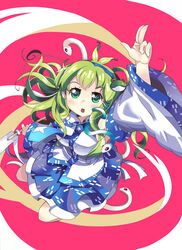  +_+ bad_id bad_pixiv_id bare_shoulders breasts detached_sleeves female frog_hair_ornament gohei green_eyes green_hair hair_ornament hairband kochiya_sanae large_breasts long_hair photoshop_(medium) smile snake snake_hair_ornament solo takezaka_tarou touhou 