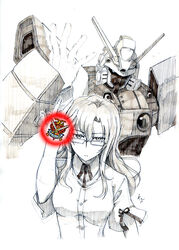  bad_id bad_pixiv_id crossover female g_gundam glasses gundam king_of_hearts_(gundam) kiryuu_moeka mecha monochrome photoshop_(medium) robot shining_finger shining_gundam steins;gate teikuauto_kuriya 