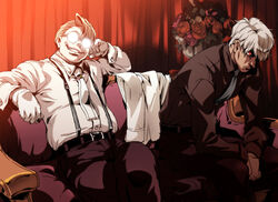  2boys captain_(hellsing) commentary_request couch dark-skinned_male dark_skin gloves glowing_glasses hellsing imasan major_(hellsing) male_focus multiple_boys necktie red_eyes sitting suspenders white_gloves white_hair 