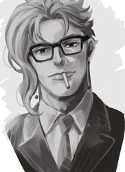  1boy bad_id bad_pixiv_id cigarette commentary_request earrings formal glasses greyscale jewelry jojo_no_kimyou_na_bouken kakyoin_noriaki kijinkutsu kingsman:_the_secret_service male_focus monochrome necktie painttool_sai_(medium) parody portrait solo striped suit 