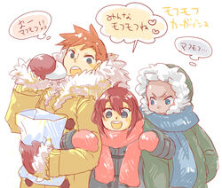  2boys bad_id bad_pixiv_id bald bec_mcconn blue_eyes coat dark_skin female fur_coat fur_trim gloves grubitsch_grady holding_another&#039;s_arm hood hoodie kernel_fleck multiple_boys red_hair scarf short_hair simple_background smile the_demonata translation_request wao_n 