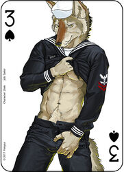  2017 abs anthro canid canine canis card card_template clothed clothing copyright_symbol crotch_grab digital_media_(artwork) fonyaa fur grope hat headgear headwear male mammal military muscular muscular_anthro muscular_male navy pecs playing_card playing_card_template sailor_uniform simple_background smile solo spades_(suit) standing suit_symbol symbol three_of_spades u.s._navy undressing wolf 