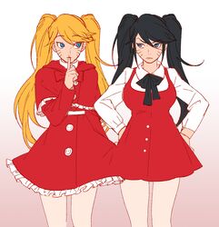  2girls bad_id bad_pixiv_id black_hair blonde_hair blue_eyes breasts capelet cowboy_shot dress facial_mark finger_to_mouth frilled_dress frills genderswap_(mtf) hair_between_eyes hands_on_own_hips highres large_breasts looking_at_another multiple_girls naruko_(naruto) naruto naruto_(series) noeunjung93 red_dress rule_63 sexy_no_jutsu shirt short_dress shushing swept_bangs twintails uzumaki_naruto whisker_markings white_background white_shirt 