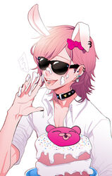  1boy :p animal_ears antemeridian black_nails bow cake choker commentary_request earrings food icing jewelry licking licking_finger male_focus nail_polish photoshop_(medium) piercing pink_hair rabbit_boy rabbit_ears shirt smile solo suggestive_fluid sunglasses tongue tongue_out tongue_piercing yarichin_bitch-bu yuri_ayato 