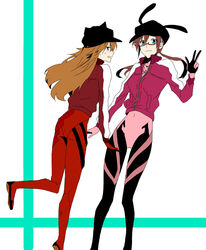  2girls animal_hat bad_id bad_pixiv_id bodysuit cat_hat evangelion:_3.0_you_can_(not)_redo glasses hat jacket makinami_mari_illustrious multiple_girls neon_genesis_evangelion pink_bodysuit plugsuit rabbit_hat rebuild_of_evangelion sagari24 souryuu_asuka_langley track_jacket w 