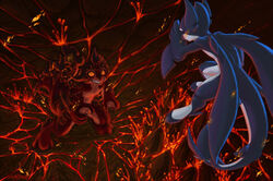  anthro aron_(character) attack battle claws conditional_dnp countershading digital_media_(artwork) digitigrade dragon duo elemental_creature empty_eyes evasion felix_(sefeiren) fenra fight fin fire fire_creature grin high-angle_view hindpaw horn jumping lava light lighting looking_at_another looking_down looking_up male marine_fenra membrane_(anatomy) membranous_wings mineral_fauna mythological_creature mythological_scalie mythology nude orange_eyes paws purple_eyes rape_face rock scalie sefeiren semi_pov smile spikes tail tail_fin teeth volcanic_activity volcanic_fenra wings 