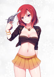  bandeau bracelet breasts cleavage collarbone commentary_request derivative_work dream_trigger euforia female finger_on_trigger gun gun_to_head head_tilt holding holding_gun holding_weapon jewelry looking_at_viewer love_live! love_live!_school_idol_project medium_breasts navel nishikino_maki photo-referenced pile_(voice_actor) purple_eyes red_hair short_hair skirt smile solo strapless voice_actor_connection weapon 