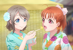  2girls ahoge alternate_hairstyle animal_print blue_eyes blue_kimono braid brown_hair bug chopsticks closed_mouth commentary_request dragonfly dragonfly_print eating feeding floral_print flower food hair_flower hair_ornament hair_ribbon highres holding holding_chopsticks holding_food inami_anju japanese_clothes kimono love_live! love_live!_sunshine!! multiple_girls open_mouth orange_hair ponytail potato red_eyes ribbon saitou_shuka short_hair side_braid smile surfing_orange takami_chika upper_body voice_actor_connection watanabe_you yukata 