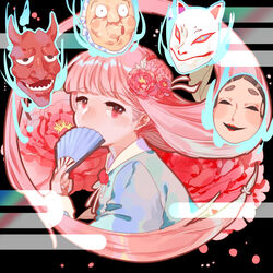  black_background blue_fire blue_shirt blunt_bangs commentary_request covering_own_mouth egasumi eyebrows female fire floating flower folding_fan fox_mask hair_flower hair_ornament hand_fan hata_no_kokoro highres long_hair long_sleeves looking_at_viewer mask noh_mask oni_mask pink_flower pink_hair red_eyes shirt solo touhou wei_li 