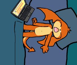  4chan aliasing ambiguous_gender anthro bandai_namco bed biped closed_eyes computer darkdoomer digimon digimon_(species) digital_media_(artwork) electronics furniture head_wings laptop lying membrane_(anatomy) membranous_wings on_back on_bed open_mouth patachu patamon sleeping solo tail wings young young_anthro 