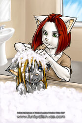  2007 age_difference anthro assisted_bathing bath bathroom blonde_hair blue_eyes bubble domestic_cat duo felicia_nightshade felid feline felis female green_eyes hair inside keiron_white larger_female lolicon mammal one_eye_closed red_hair shampoo size_difference tabitha_nightshade text unimpressed url water young young_anthro young_female 