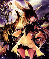  absurdres animal_ears armor black_thighhighs blue_eyes breastplate brown_hair detached_sleeves female hand_on_own_hip highres horns light_particles long_hair moon moon_al-mi&#039;raj photoshop_(medium) scan shadowverse shingeki_no_bahamut short_shorts shorts single_horn solo sword tachikawa_mushimaro thighhighs very_long_hair weapon 