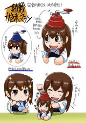  +++ 2girls akagi_(kancolle) arrow_(symbol) blush_stickers brown_hair chibi commentary_request eating food highres ice_shaver kaga_(kancolle) kantai_collection kokuriu laughing long_hair multiple_girls muneate photoshop_(medium) shaved_ice side_ponytail sparkle spoon themed_object translated 