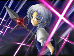  cape commentary_request cross danmaku dress female grey_eyes kioh_gyoku michiru_(pink) muse_(seihou) night night_sky seihou short_hair short_sleeves sky smile solo torn_cape torn_clothes weapon 