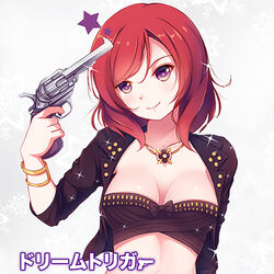  bandeau bracelet breasts cleavage collarbone commentary_request copyright_name derivative_work dream_trigger euforia female finger_on_trigger gun gun_to_head head_tilt holding holding_gun holding_weapon jewelry looking_at_viewer love_live! love_live!_school_idol_project lowres medium_breasts navel nishikino_maki photo-referenced pile_(voice_actor) purple_eyes red_hair short_hair skirt solo strapless voice_actor_connection weapon 