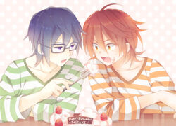  2boys ahoge commentary_request eating english_text feeding food fushimi_saruhiko glasses happy_birthday k-project male_focus multiple_boys oerba_yun_fang open_mouth purple_eyes purple_hair red_hair shirt striped_clothes striped_shirt yata_misaki yellow_eyes yupopo_(hidame) 