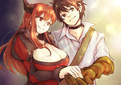  1boy 2013 breasts brown_hair choker commentary_request couple female fur_trim holding_hands horns huge_breasts kingfrogs long_hair long_sleeves maou_(maoyuu) maoyuu_maou_yuusha orange_hair puffy_long_sleeves puffy_sleeves red_eyes signature smile straight yuusha_(maoyuu) 