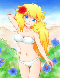  arm_behind_head bad_id bad_pixiv_id bandeau beach bikini blonde_hair blue_eyes blue_flower breasts cleavage day female flower hair_flower hair_ornament hibiscus long_hair looking_at_viewer medium_breasts mermaid_thetis navel open_mouth red_flower saint_seiya smile solo swimsuit thigh_gap tonkati white_bikini 