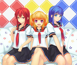  3girls :d aka_no_ripika ao_no_rupika beatmania_iidx blonde_hair blue_eyes blue_hair casual commentary_request couch crossed_legs heart heart-shaped_pupils ki_no_rapika km_(km517) looking_at_viewer multiple_girls oerba_yun_fang open_mouth photoshop_(medium) pleated_skirt purple_eyes red_eyes red_hair school_uniform serafuku sitting skirt smile sweatdrop symbol-shaped_pupils twintails v_arms 