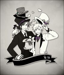  2boys animal animal_on_shoulder arm_around_waist bird bird_on_shoulder bow bowtie caesar_anthonio_zeppeli commentary_request facial_mark from_hat_trick greyscale hat hat_basket hat_over_hat hat_tip holding holding_clothes holding_hat jojo_no_kimyou_na_bouken joseph_joestar joseph_joestar_(young) magic_trick magician male_focus monochrome mouth_hold multiple_boys necktie pigeon spot_color star_(symbol) top_hat tuxedo unworn_hat unworn_headwear vignetting yokozawa_(pyu-tohuku) 