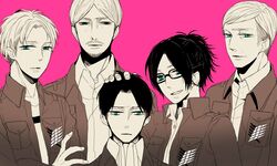  3boys ascot bad_id bad_pixiv_id banned_artist beard black_hair emblem erd_gin erwin_smith facial_hair glasses green_eyes grin hange_zoe levi_(shingeki_no_kyojin) matsumoto_ichiko mike_zakarius moustache multiple_boys multiple_girls nanaba paradis_military_uniform shingeki_no_kyojin short_hair smile spot_color survey_corps_(emblem) 