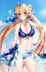  ahoge asada_ryou bare_arms bare_shoulders beach bikini blonde_hair blue_bikini blue_eyes blush breasts cardfight!!_vanguard cleavage collarbone commentary_request cowboy_shot day double_bun elf female flower frilled_bikini frills hair_bun hair_flower hair_ornament leading_jewel_knight_salome long_hair looking_at_viewer low_twintails medium_breasts navel parted_lips plumeria pointy_ears sarong solo stomach swimsuit twintails 