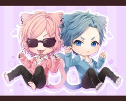  2boys :3 :p animal_ears barefoot bell black_nails blue_eyes blue_hair cat_ears cat_tail chibi choker commentary_request earrings feet jewelry male_focus multiple_boys murashige-lu nail_polish neck_bell oerba_yun_fang paw_pose piercing pink_hair sunglasses tail tamura_yui tongue tongue_out tongue_piercing v-shaped_eyebrows yarichin_bitch-bu yuri_ayato 