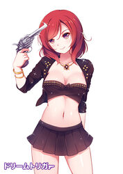  bandeau bracelet breasts cleavage collarbone commentary_request copyright_name derivative_work dream_trigger euforia female finger_on_trigger gun gun_to_head head_tilt holding holding_gun holding_weapon jewelry looking_at_viewer love_live! love_live!_school_idol_project medium_breasts navel nishikino_maki photo-referenced pile_(voice_actor) purple_eyes red_hair short_hair simple_background skirt solo strapless voice_actor_connection weapon white_background 