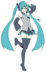  aqua_eyes aqua_hair bad_id bad_pixiv_id female hand_on_own_hip hatsune_miku headphones long_hair necktie nnyu salute smile solo twintails vocaloid 