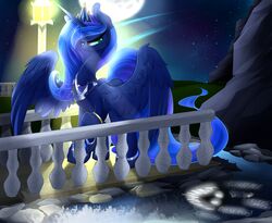  2015 absurd_res alicorn blue_body blue_eyes blue_feathers blue_hair creek english_text equid equine feathered_wings feathers female friendship_is_magic full_moon gold_(metal) hair hallucination hallucinations hasbro hi_res horn jewelry madacon mammal moon my_little_pony mythological_creature mythological_equine mythology necklace night princess_luna_(mlp) solo text wings 