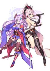  2girls black_gloves blue_eyes braid breasts commentary_request cosplay costume_switch detached_sleeves draph earrings fate/grand_order fate_(series) gloves granblue_fantasy hair_over_one_eye hong_(white_spider) horns japanese_clothes jewelry katana kimono large_breasts light_purple_hair long_hair miyamoto_musashi_(fate) miyamoto_musashi_(fate)_(cosplay) miyamoto_musashi_(third_ascension)_(fate) multiple_girls narmaya_(granblue_fantasy) narmaya_(granblue_fantasy)_(cosplay) pink_hair pointy_ears ponytail short_kimono single_thighhigh sword thigh_strap thighhighs weapon 