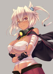  blonde_hair breast_hold breasts brown_eyes budget_sarashi cape commentary_request covered_nipples dark-skinned_female dark_skin female fingerless_gloves glasses gloves grey_hair huge_breasts kantai_collection looking_at_viewer musashi_(kancolle) nail_polish navel photoshop_(medium) pointing pointing_up pointy_hair sarashi short_hair smile solo syacyo twintails 