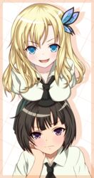  2girls black_bitou black_hair blonde_hair blue_eyes boku_wa_tomodachi_ga_sukunai breast_rest breasts breasts_on_head butterfly_hair_ornament commentary_request hair_ornament head_rest highres kashiwazaki_sena long_hair mikazuki_yozora multiple_girls oerba_yun_fang open_mouth purple_eyes school_uniform short_hair smile 