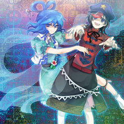  2girls ai_(ai1470) armpit_peek blue_eyes blue_hair chinese_clothes commentary_request dress flower grin hair_ornament hair_rings hair_stick hat hat_ornament kaku_seiga miyako_yoshika multiple_girls ofuda open_mouth outstretched_arms shawl side_slit smile star_(symbol) star_hat_ornament touhou vest zombie_pose 