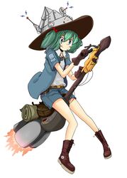  aircraft alternate_headwear bad_id bad_pixiv_id blue_eyes blue_hair boots broom broom_riding commentary deflinger english_commentary exhaust female fire gloves hair_bobbles hair_ornament hat highres jacket kawashiro_nitori key mechanical_broom radio_antenna short_hair shorts solo tongue tongue_out touhou two_side_up unconventional_broom vest witch witch_hat 