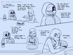  breasts clothed clothing comic comic_(under(her)tail) english_text food frisk frisky_(under(her)tail) hamburger sans sketch text thewill under(her)tail undertale undertale_fanfiction 