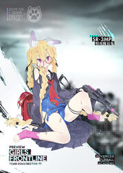  animal_ear_fluff animal_ears bag bandaid bandaid_on_leg blonde_hair blue_footwear blue_one-piece_swimsuit blush braid breasts character_name crooked_eyewear damaged ear_down feet female full_body girls&#039;_frontline glasses gun hair_ornament hair_ribbon hairclip highres holding holding_gun holding_weapon jewelry long_hair long_sleeves looking_at_viewer neckerchief official_alternate_costume official_art old_school_swimsuit one-piece_swimsuit pandegg pink_socks promotional_art purple_eyes red_neckerchief ribbon round_eyewear school_bag school_swimsuit sitting skirt sleeves_past_wrists small_breasts smile socks solo sr-3mp sr-3mp_(commando_bunny)_(girls&#039;_frontline) sr-3mp_(girls&#039;_frontline) swimsuit swimsuit_under_clothes toeless_legwear toes torn_clothes twin_braids very_long_hair weapon 