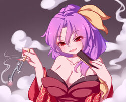  :d absurdres bad_id bad_pixiv_id black_background blowing_smoke breasts cleavage commentary dior-zi female gradient_background hair_ribbon highres holding holding_smoking_pipe kiseru komakusa_sannyo large_breasts long_sleeves looking_at_viewer medium_hair off_shoulder open_mouth ponytail purple_hair red_eyes red_nails ribbon smile smoke smoking_pipe solo tobacco touhou upper_body v-shaped_eyebrows wide_sleeves yellow_ribbon 