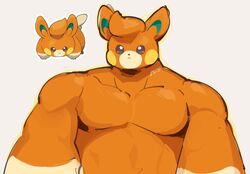  1boy bad_id bad_twitter_id bara blush_stickers brown_eyes clip_studio_paint_(medium) closed_mouth creature_and_personification furrification furry furry_male looking_at_viewer male_focus muscular muscular_male outline pawmi pectorals personification pokemon pokemon_sv reference_inset solo thick_arms upper_body white_outline yogireji 