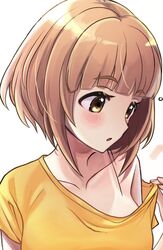  blunt_bangs blush brown_hair collarbone female highres idolmaster idolmaster_cinderella_girls kitami_yuzu looking_down shirt shirt_tug short_hair simple_background solo tan tanlines upper_body white_background yellow_shirt yuzuhota0313 