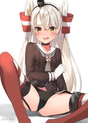  amatsukaze_(kancolle) black_garter_straps black_panties breasts brown_dress brown_eyes cameltoe commentary_request dress female garter_straps gloves grey_neckerchief hair_between_eyes hair_tubes hat highres kantai_collection long_hair looking_at_viewer looking_back makiyuki mini_hat neckerchief panties partially_visible_vulva red_thighhighs sailor_dress short_dress single_glove sitting small_breasts smokestack_hair_ornament solo spread_legs striped_clothes striped_thighhighs thighhighs two_side_up underwear very_long_hair white_gloves white_hair 