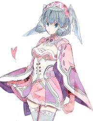  blue_eyes braid breasts cape crown_braid curly_hair dress female gloves grey_hair hat head_wings highres juliet_sleeves long_hair long_sleeves looking_at_viewer medium_breasts melia_antiqua mugimugis puffy_sleeves short_dress simple_background smile solo staff thighhighs upper_body wings xenoblade_chronicles_(series) xenoblade_chronicles_1 