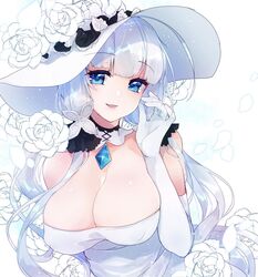  azur_lane bare_shoulders blue_eyes breasts cleavage commentary_request covered_nipples dress elbow_gloves female floating_hair flower gloves hair_ribbon hand_up hat head_tilt highres illustrious_(azur_lane) large_breasts long_hair looking_at_viewer open_mouth petals ribbon shichijou_natori simple_background smile solo strapless strapless_dress sun_hat tress_ribbon very_long_hair white_background white_dress white_gloves white_hair white_hat white_theme 