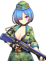  arm_pouch belt bikini bikini_under_clothes black_bikini black_gloves blue_hair camouflage camouflage_shirt camouflage_skirt commentary_request edamame_senpai female fingerless_gloves gloves gradient_hair gun hair_over_one_eye hat highres holding holding_gun holding_weapon looking_at_viewer md5_mismatch military_hat multicolored_hair official_art parted_bangs photoshop_(medium) purple_eyes rifle shirt short_hair short_sleeves simple_background skirt smile solo swimsuit vivid_army weapon white_background 