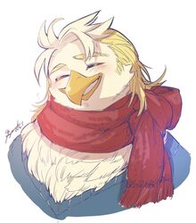  accipitrid accipitriform anthro avian beak bird blonde_hair blush bust_portrait eagle feathers fuyoudo624 grin hair lifewonders male portrait scarf smile solo thunderbird_(tas) tokyo_afterschool_summoners white_body white_feathers 