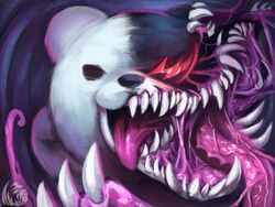  2020 4:3 abstract_background angry anthro bear big_mouth_(anatomy) black_body black_ears black_eyes black_nose danganronpa detailed glowing glowing_eyes gums hi_res looking_at_viewer machine male mammal monokuma monster multicolored_body multicolored_ears multicolored_eyes nightmare_fuel open_mouth pink_tongue purple_background red_eyes robot round_ears sharp_teeth silverponteo simple_background solo spike_chunsoft teeth tongue tongue_out white_body white_ears 