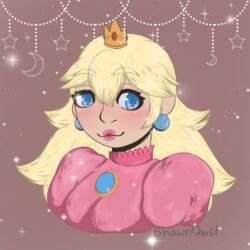  1:1 blonde_hair blue_eyes blush clothed clothing crown digital_media_(artwork) female hair headgear hi_res human looking_at_viewer mammal mario_bros mistystar nintendo painting_(artwork) portrait princess_peach shaded simple_background smile solo solo_focus traditional_media_(artwork) 