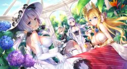  anthro aqua_eyes azur_lane belfast_(azur_lane) blonde_hair braids breasts brown_hair chains cleavage collar dress drink elbow_gloves flowers garter_belt gloves group headdress illustrious_(azur_lane) long_hair maid sheffield_(azur_lane) short_hair sideboob silver15 skirt_lift stockings thighhighs twintails victorious_(azur_lane) white_hair yellow_eyes 